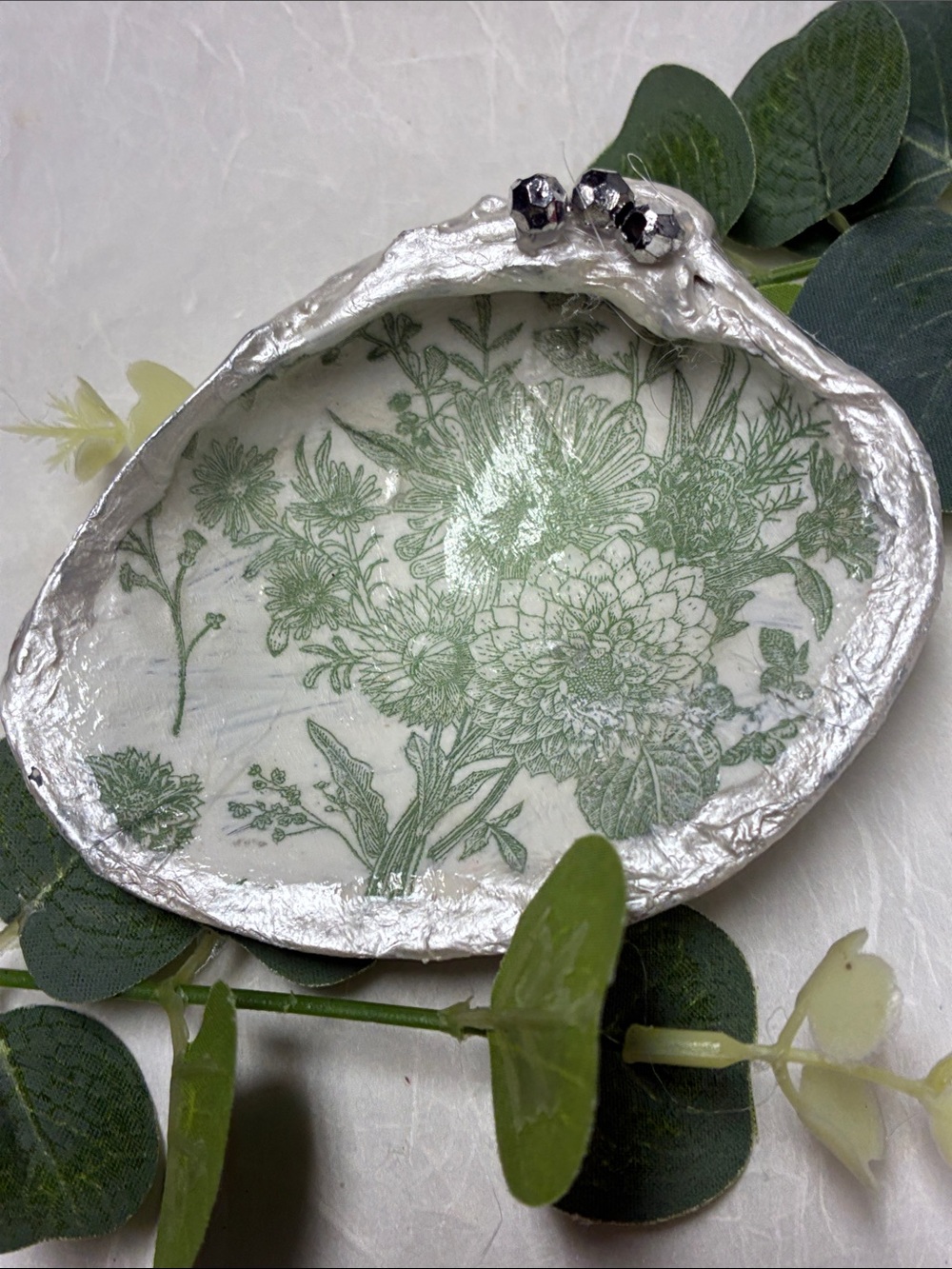 Handcrafted IvoryTrim, Bead Embellished Floral Trinket Ring Dish